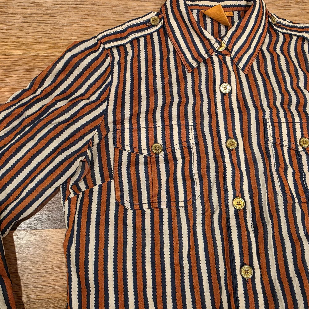 Tory Burch Button Down Dress Shirt Long Sleeve Stripe Blue Cream Orange Size 6 - Picture 4 of 11